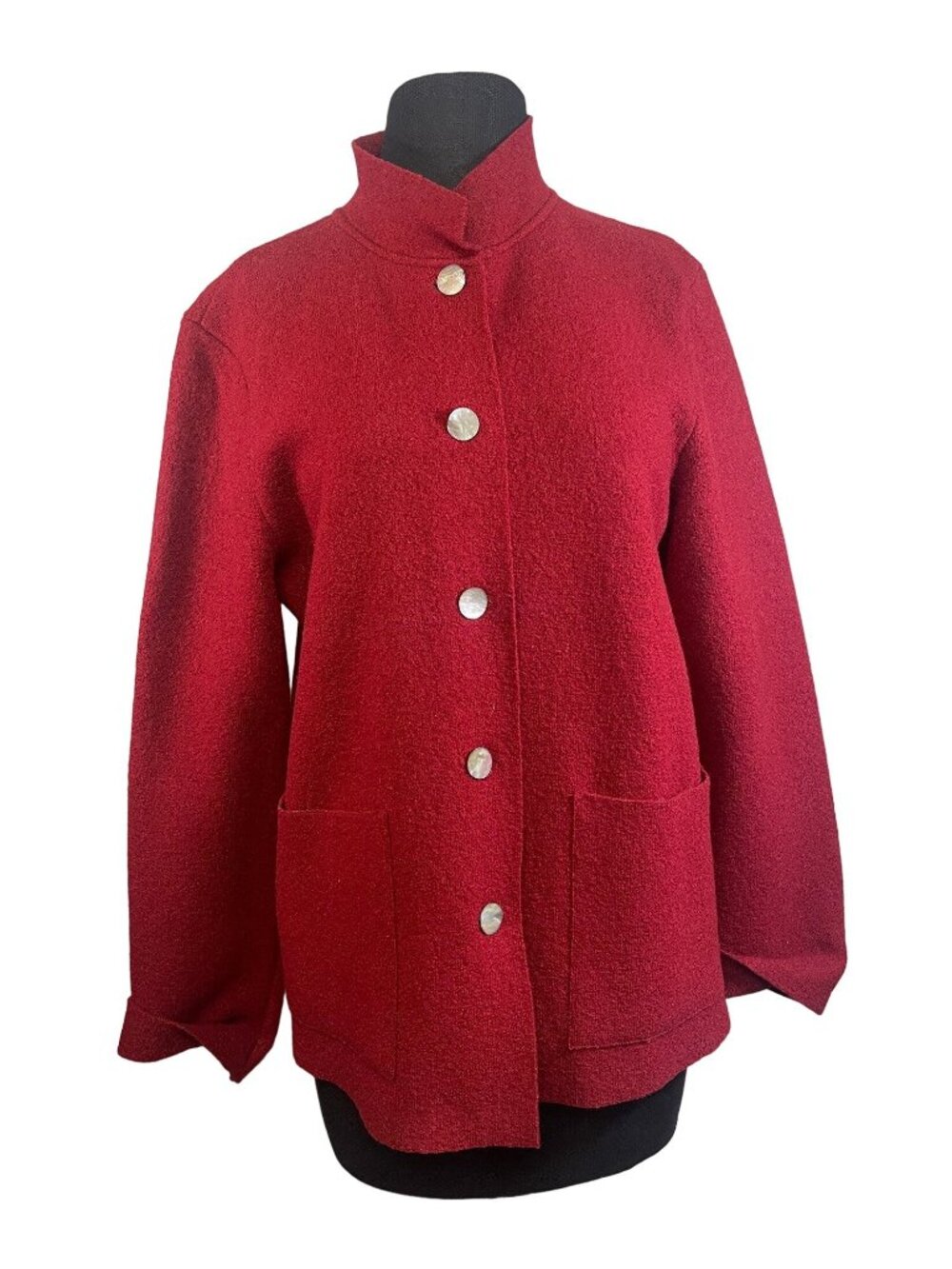 Red Button Front Wool Jacket Womens USA Made Small High Neck Two Patch Pockets